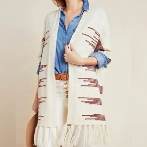 Anthropologie Sweaters - Anthropologie Cream Fringe Open-Front Poncho with Brown Geometric Accents